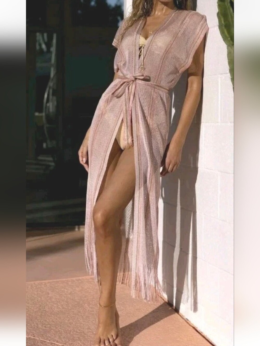 NWT Luli Fama Miami Ethereal Queen Long Caftan Rose Pink.